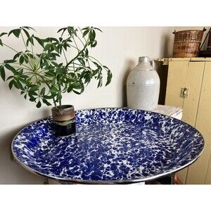 Vintage Golden Rabbit Cobalt Swirl Speckled Enamelware Platter 20” Country-Home